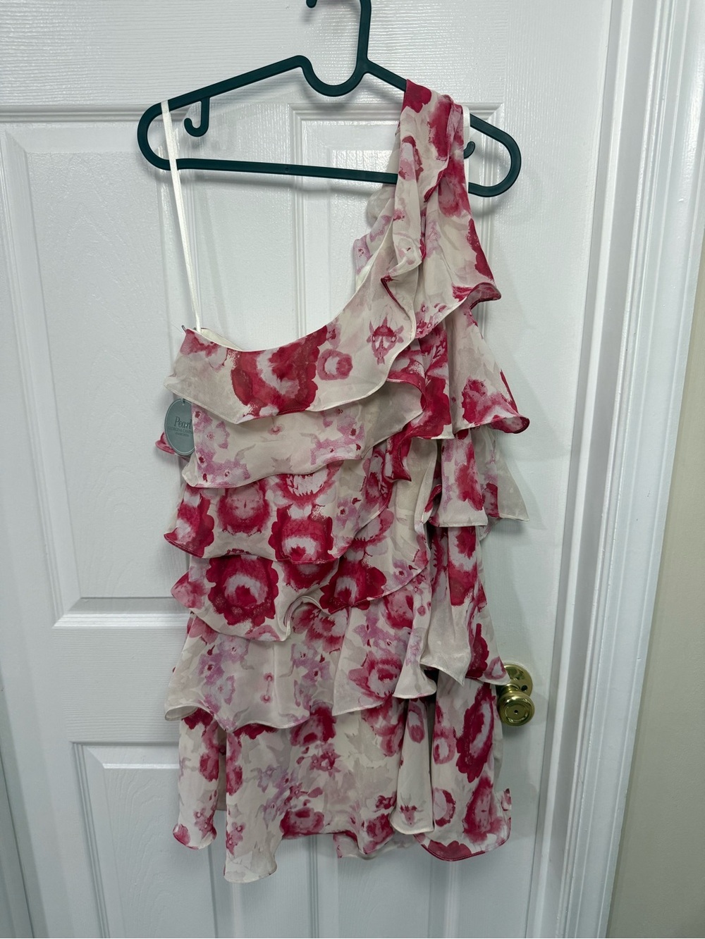 NWT Floral Tiered One Shoulder Pink Mini Dress Size 12 Wedding Guest Feminine